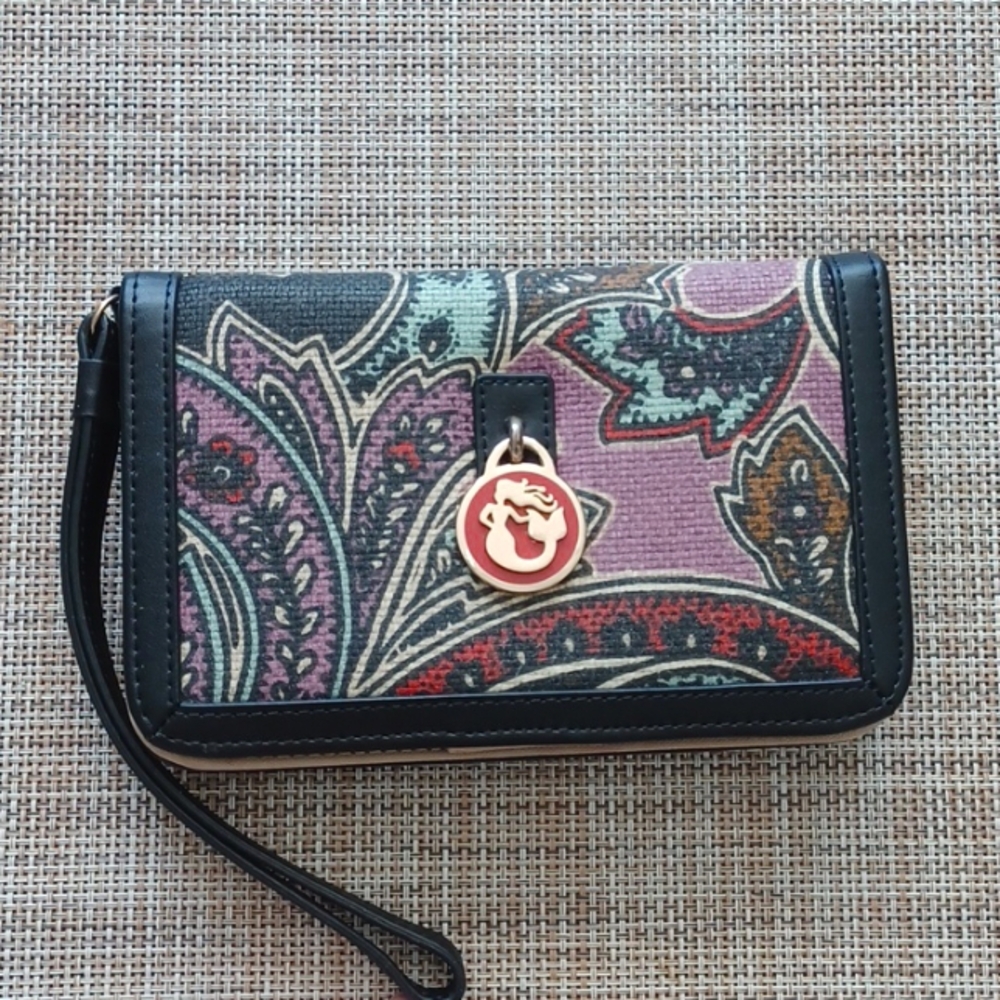 NWOT Medium Spartina 449 Mermaid  Linen & Leather Paisley Wristlet Wallet